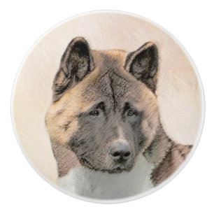 Akita Painting - Cute Original Dog Art Ceramic Knob