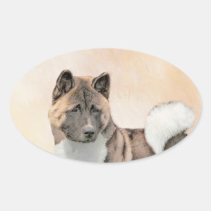 Akita Painting - Cute Original Dog Art Oval Sticker