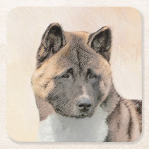 Akita Painting - Cute Original Dog Art Square Paper Coaster