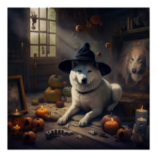 Akita Pumpkins Halloween Scary Poster