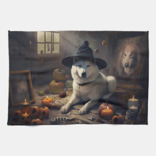 Akita Pumpkins Halloween Scary Tea Towel