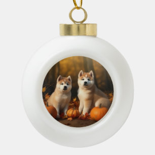Akita Puppy Autumn Delight Pumpkin Ceramic Ball Christmas Ornament