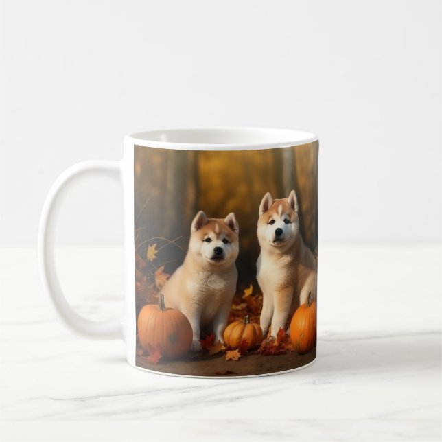 Akita Puppy Autumn Delight Pumpkin Coffee Mug (Left)