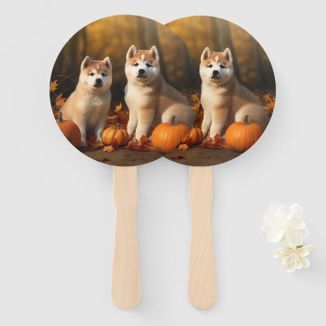 Akita Puppy Autumn Delight Pumpkin Hand Fan (Front and Back)