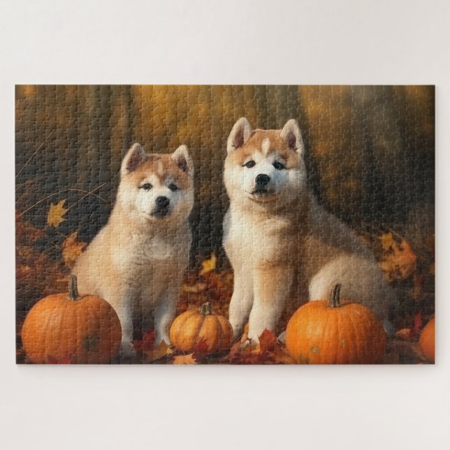 Akita Puppy Autumn Delight Pumpkin Jigsaw Puzzle (Horizontal)