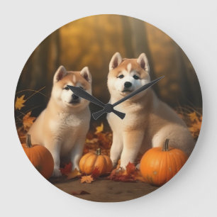 Akita Puppy Autumn Delight Pumpkin Large Clock