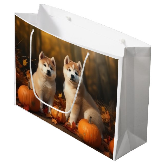 Akita Puppy Autumn Delight Pumpkin Large Gift Bag (Front Angled)