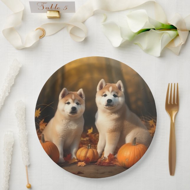 Akita Puppy Autumn Delight Pumpkin Paper Plate (Wedding)