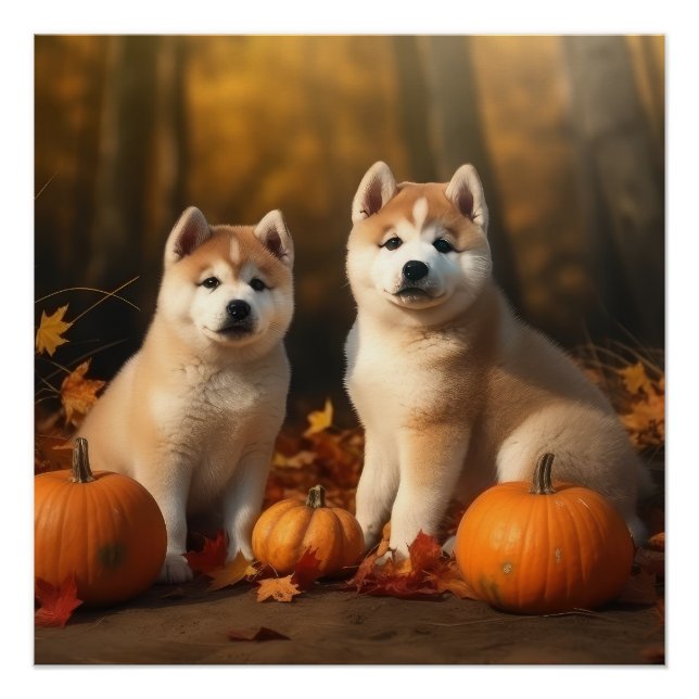 Akita Puppy Autumn Delight Pumpkin Poster (Front)