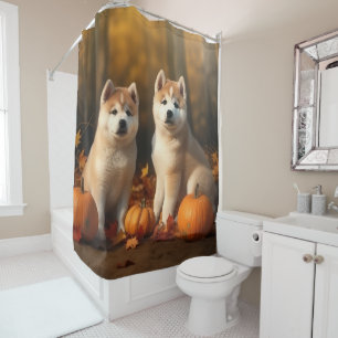 Akita Puppy Autumn Delight Pumpkin Shower Curtain