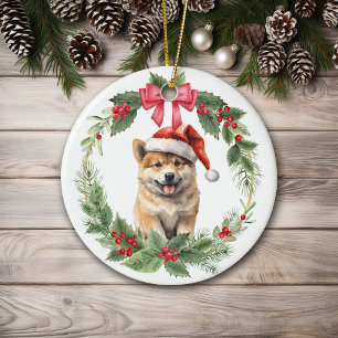 Akita Puppy Dog Red Bow Holly Wreath Ceramic Ornament