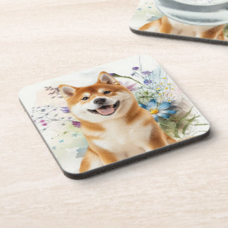 Akita Shiba Inu Dog with Blue Watercolor Flowers Coaster