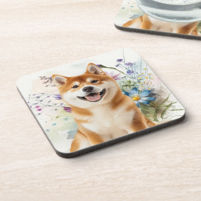 Akita Shiba Inu Dog with Blue Watercolor Flowers Coaster (Left Side)