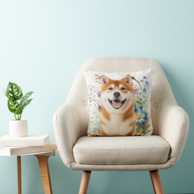 Akita Shiba Inu Dog with Blue Watercolor Flowers Cushion (Chair)