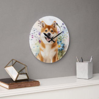Akita Shiba Inu Dog with Blue Watercolor Flowers Large Clock