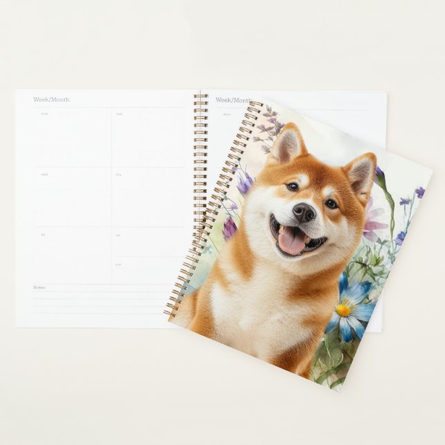 Akita Shiba Inu Dog with Blue Watercolor Flowers Planner (Display)