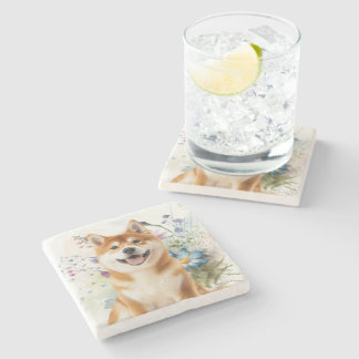 Akita Shiba Inu Dog with Blue Watercolor Flowers Stone Coaster
