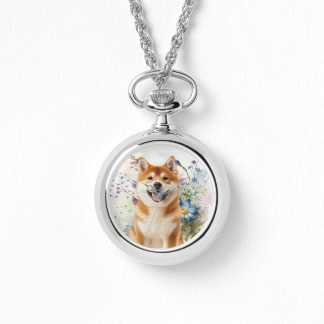 Akita Shiba Inu Dog with Blue Watercolor Flowers Watch (Front)