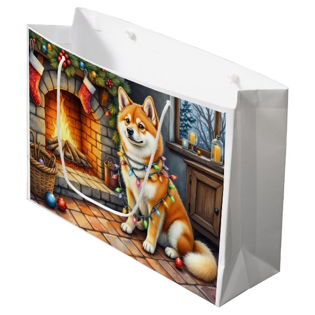 Akita Sitting by Fireplace with Christmas Lights Large Gift Bag (Front Angled)