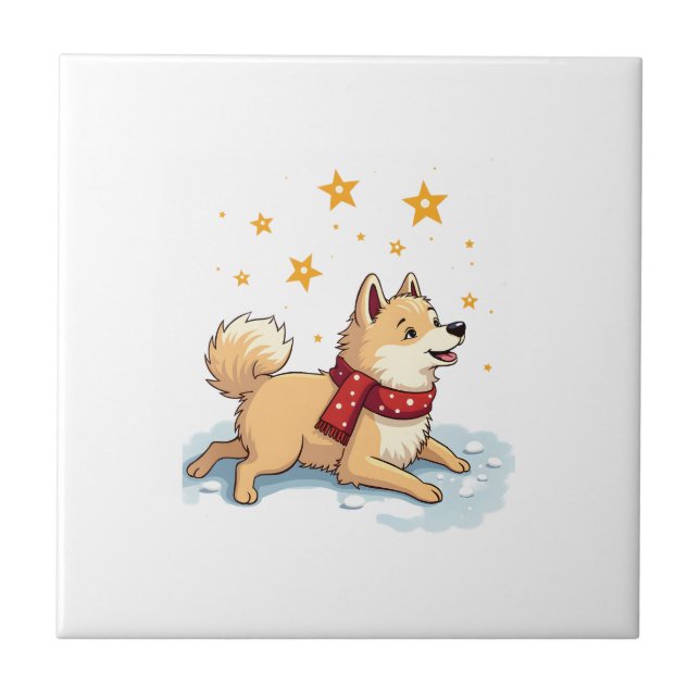 Akita Snowball Fight Ceramic Tile (Front)