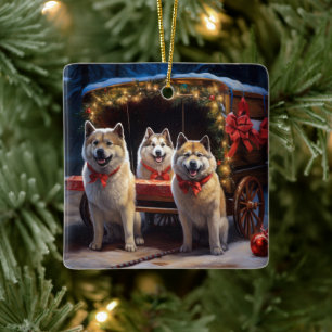 Akita Snowy Sleigh Ride Christmas Decor Ceramic Ornament