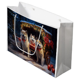 Akita Snowy Sleigh Ride Christmas Decor Large Gift Bag