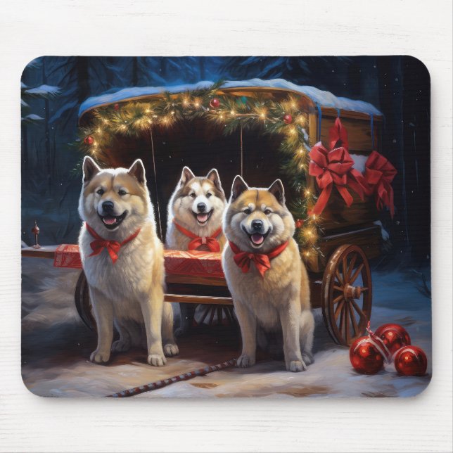 Akita Snowy Sleigh Ride Christmas Decor Mouse Pad (Front)