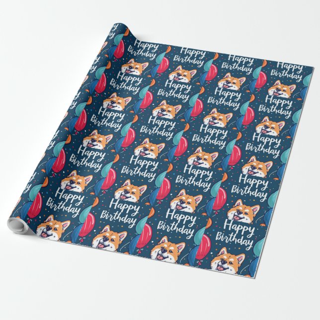 Akita with Balloons Birthday Wrapping Paper (Unrolled)