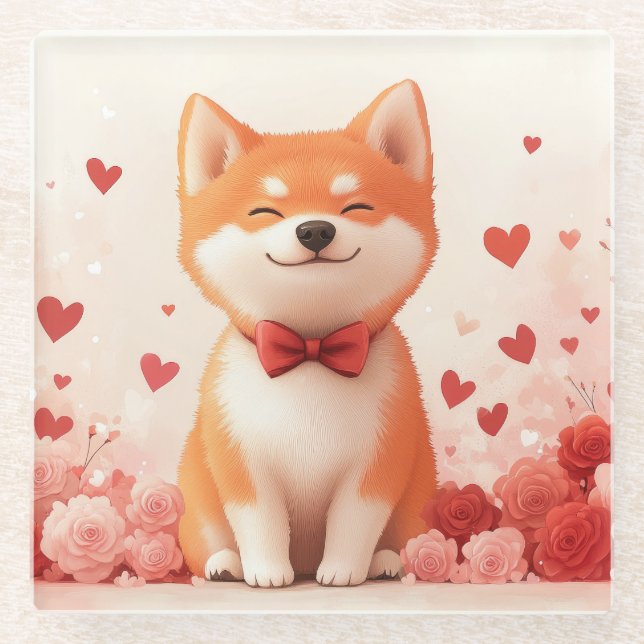 Akita with Roses - Valentine's Day  Glass Coaster (Front)