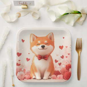 Akita with Roses - Valentine's Day Paper Plate