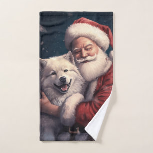 Akita with Santa Claus Festive Christmas  Bath Towel Set