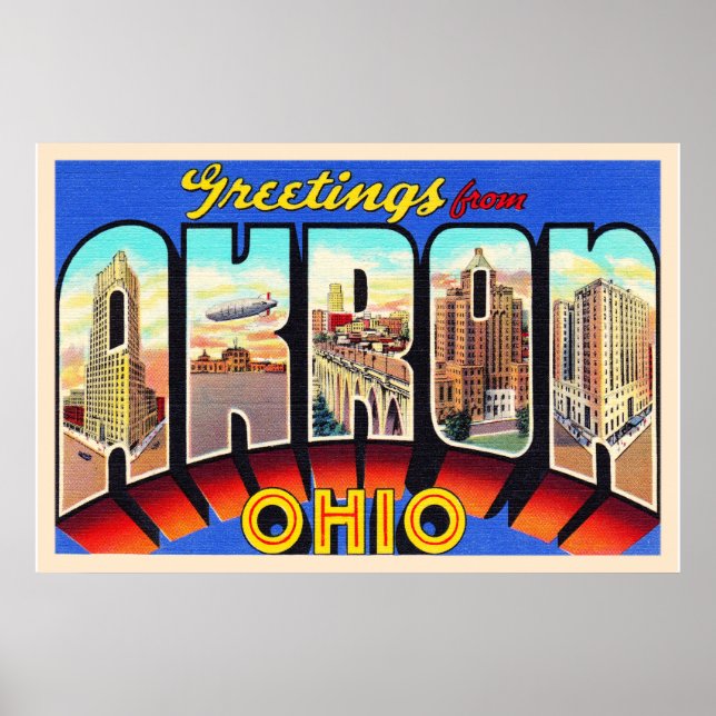 Akron Ohio OH Vintage Large Letter Postcard Poster (Front)