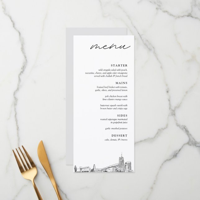 Akron Skyline Modern Wedding Dinner Menu (Front/Back In Situ)