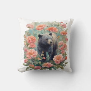 Alabama Black Bear Cub Surrounded by Camellia Cushion