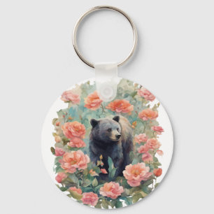 Alabama Black Bear Cub Surrounded by Camellia Key Ring