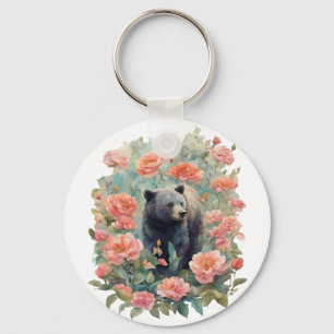 Alabama Black Bear Cub Surrounded by Camellia Key Ring