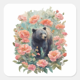 Alabama Black Bear Cub Surrounded by Camellia Square Sticker