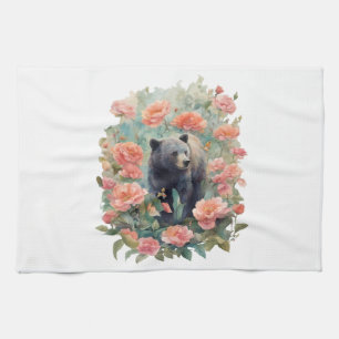 Alabama Black Bear Cub Surrounded by Camellia Tea Towel