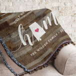Alabama Home State Personalised Wood Look Throw Blanket<br><div class="desc">Show some home state pride with this cute rustic faux wood plank throw blanket featuring "home" in white calligraphy script lettering with a silhouette map of the state of Alabama standing in for the letter "O." A pink heart illustration inside the state map completes the design; you can change the...</div>