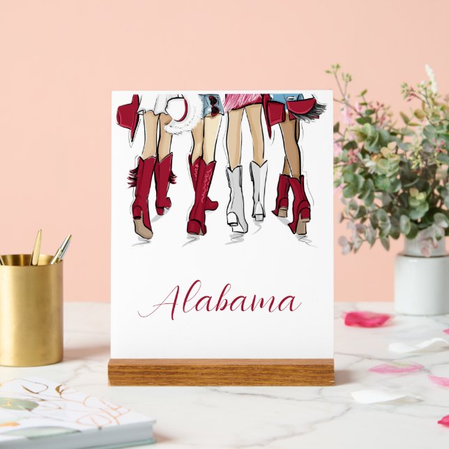 Alabama Ladies Fashion Cowboy Boot Red White Acrylic Sign (Wedding)