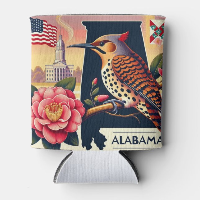 Alabama Northern Flicker Bird & Camellia Flower Can Cooler (Front)