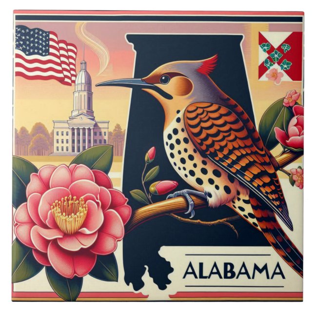 Alabama Northern Flicker Bird & Camellia Flower Ceramic Tile (Front)