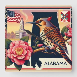 Alabama Northern Flicker Bird & Camellia Flower Square Wall Clock