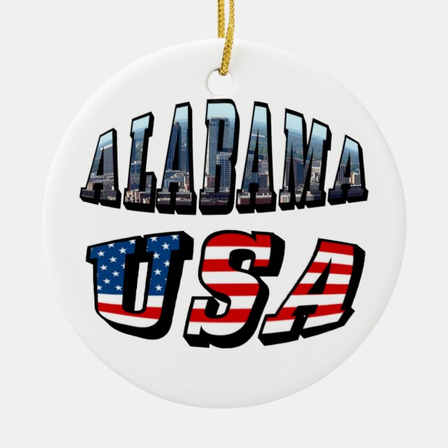 Alabama Picture and USA Flag Font Ceramic Tree Decoration (Front)