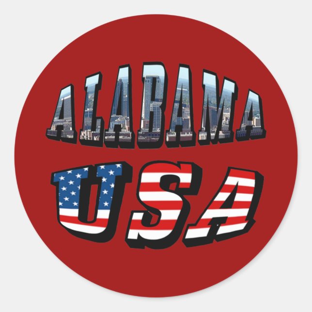 Alabama Picture and USA Flag Font Classic Round Sticker (Front)