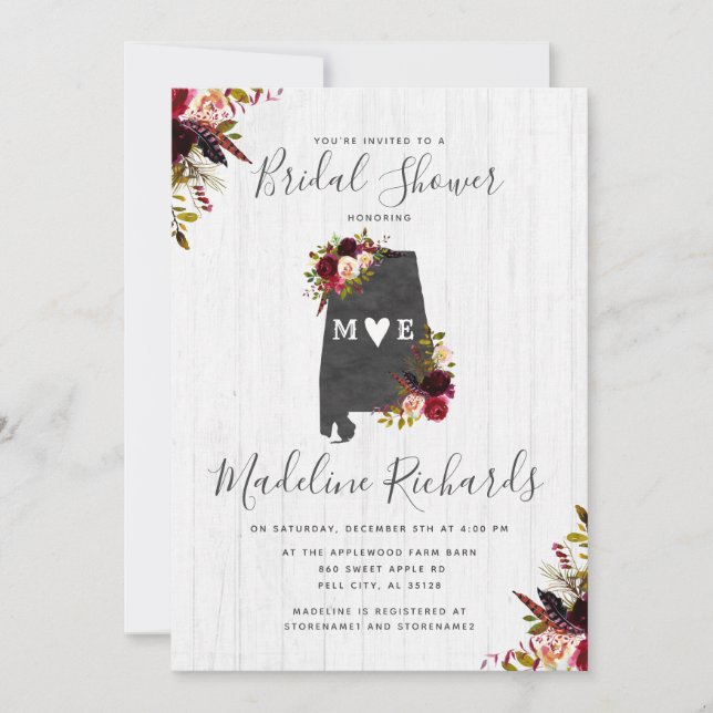 Alabama State Destination Bridal Shower Invitation (Front)