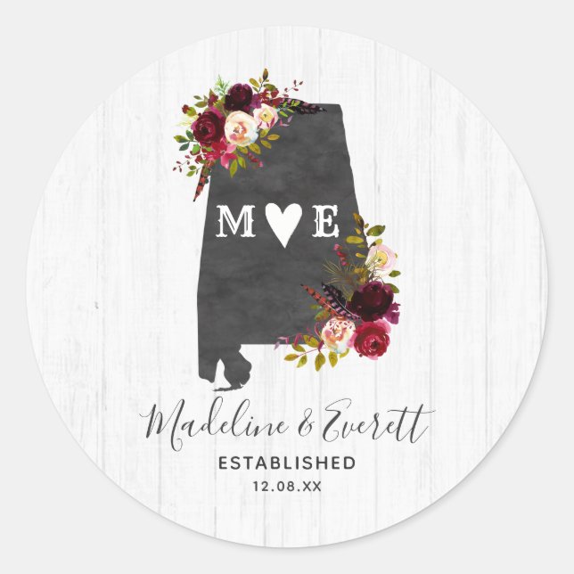 Alabama State Destination Rustic Monogram Wedding Classic Round Sticker (Front)
