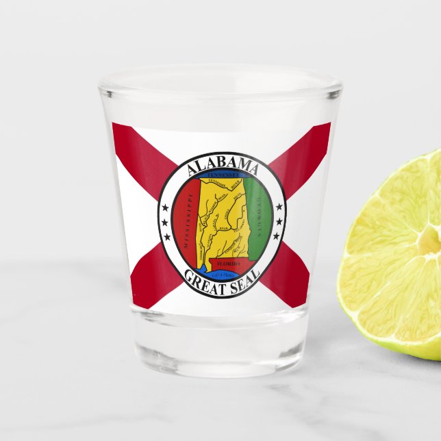 Alabama State Flag/ State seal superimposed Shot Glass (Front)