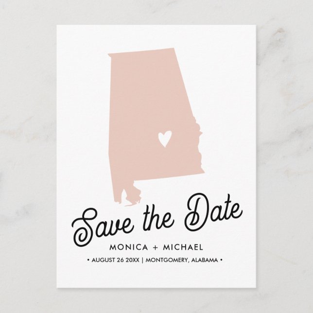 Alabama State Map Destination Wedding - ANY COLOR! Announcement Postcard (Front)