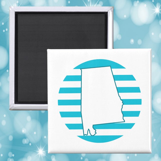 Alabama State Outline Retro Circle Blue Magnet (A magnet with the US state outline of Alabama in front of a blue retro circle.)